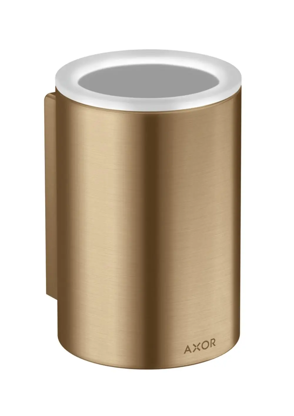 Runder Zahnputzbecher aus brushed Bronze mit weißem Rand, montiert an der Wand. Produkt von AXOR.